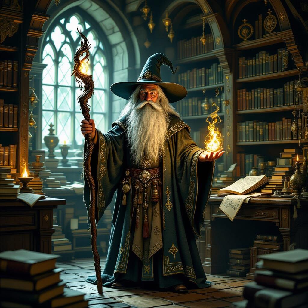 Wise Wizard in Dimly Lit Study, Fantasy Illustration