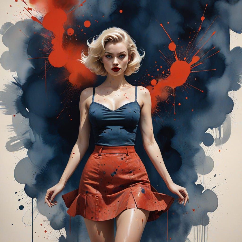 1950s Pin Up Woman in Red Outfit, Moody Watercolor Style