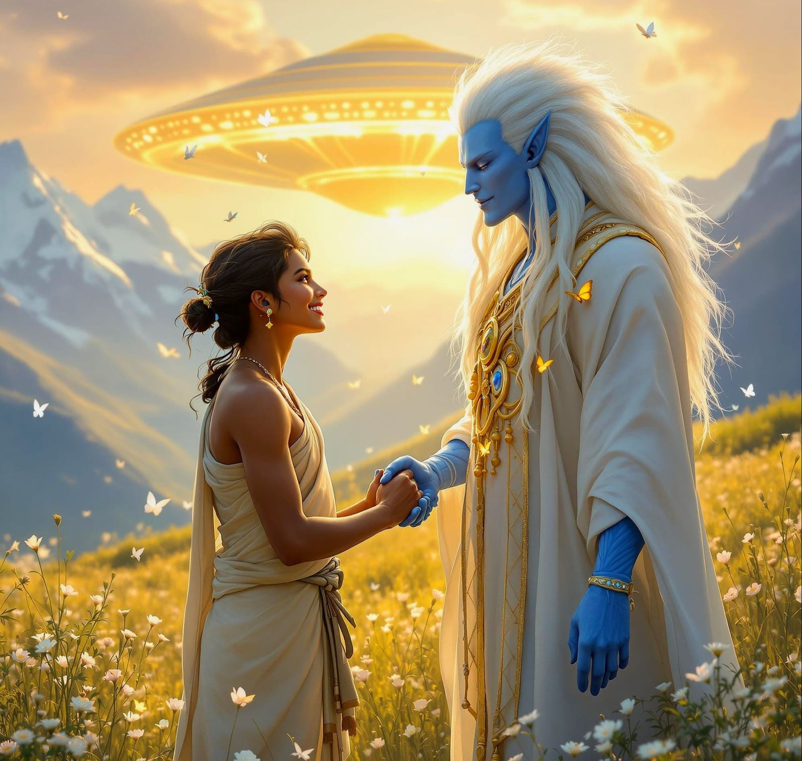 Human and Alien Meeting in Himalayan Meadow