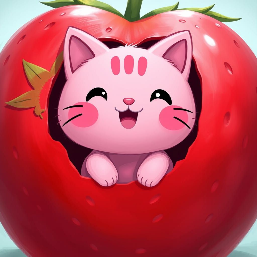 Adorable Pink Cat Inside a Giant Strawberry in Whimsical Car...