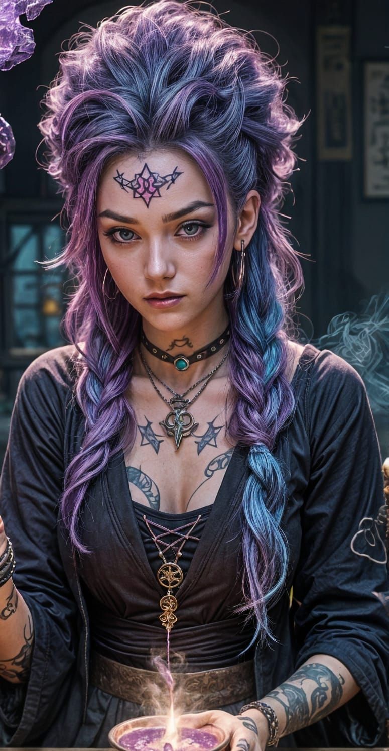 Young Witch Brewing Potion in Anime Style