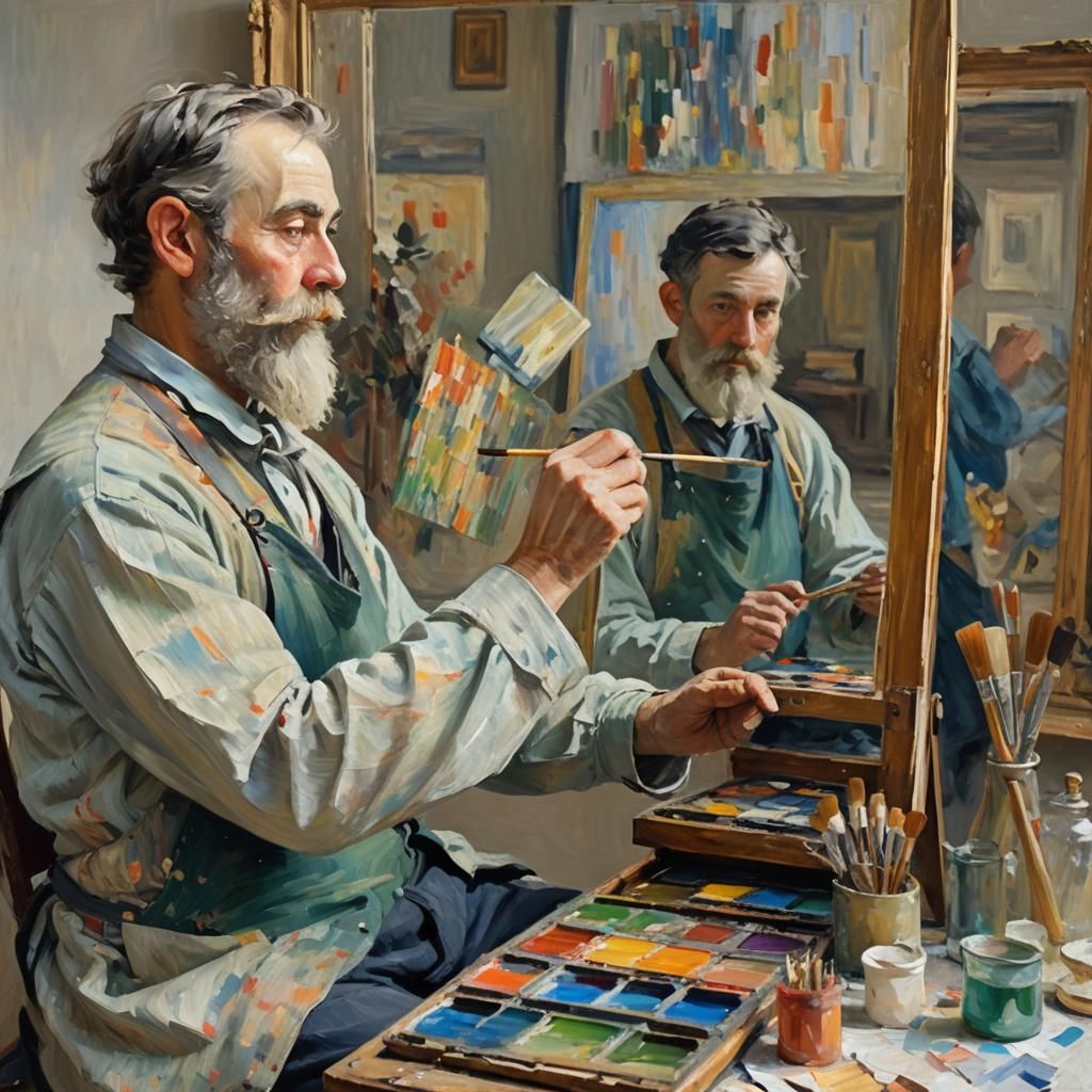Monet Painting a Self-Portrait in Impressionist Style