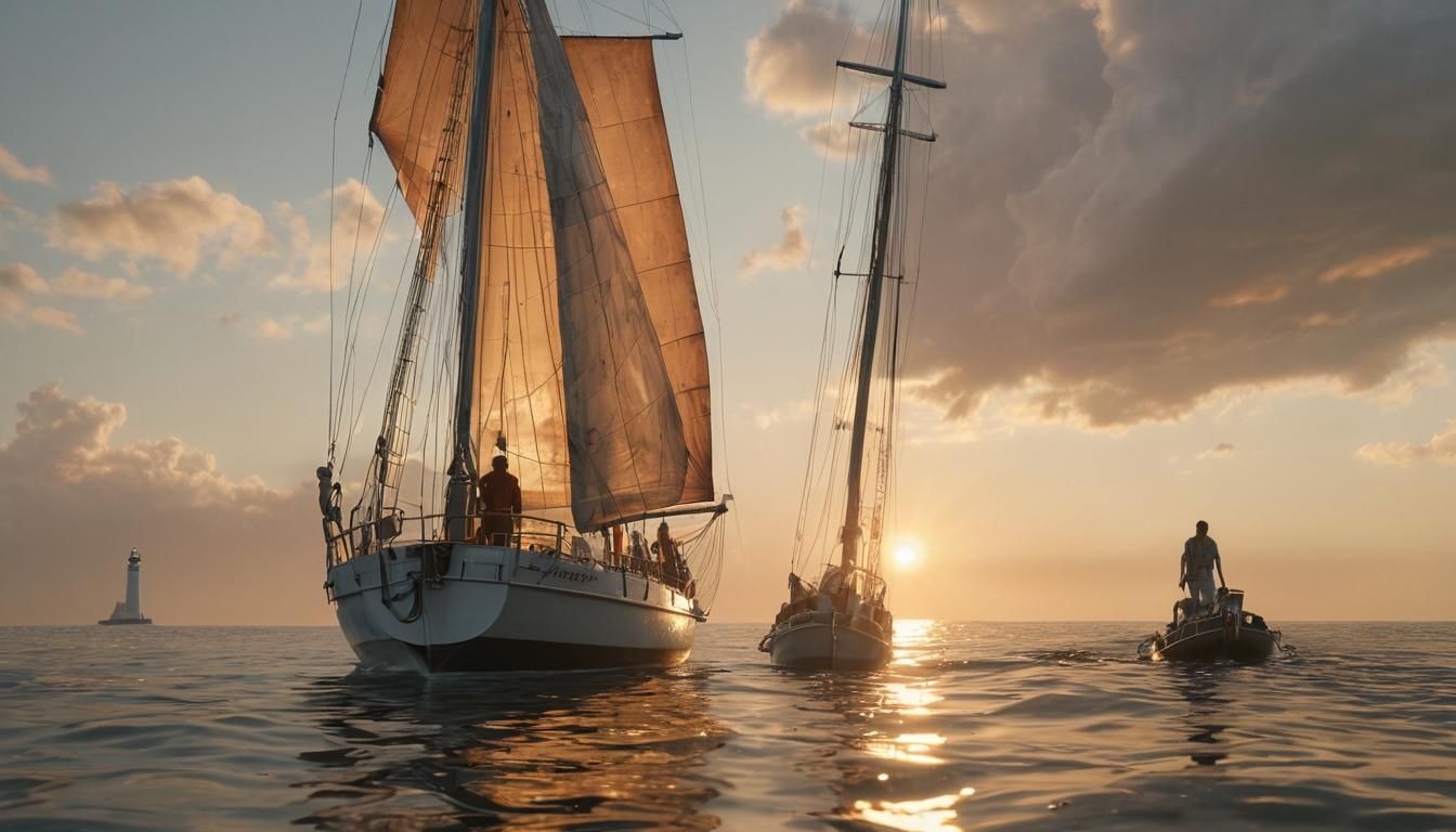 Sailboat at Lighthouse: Photorealistic Sunrise Concept Art