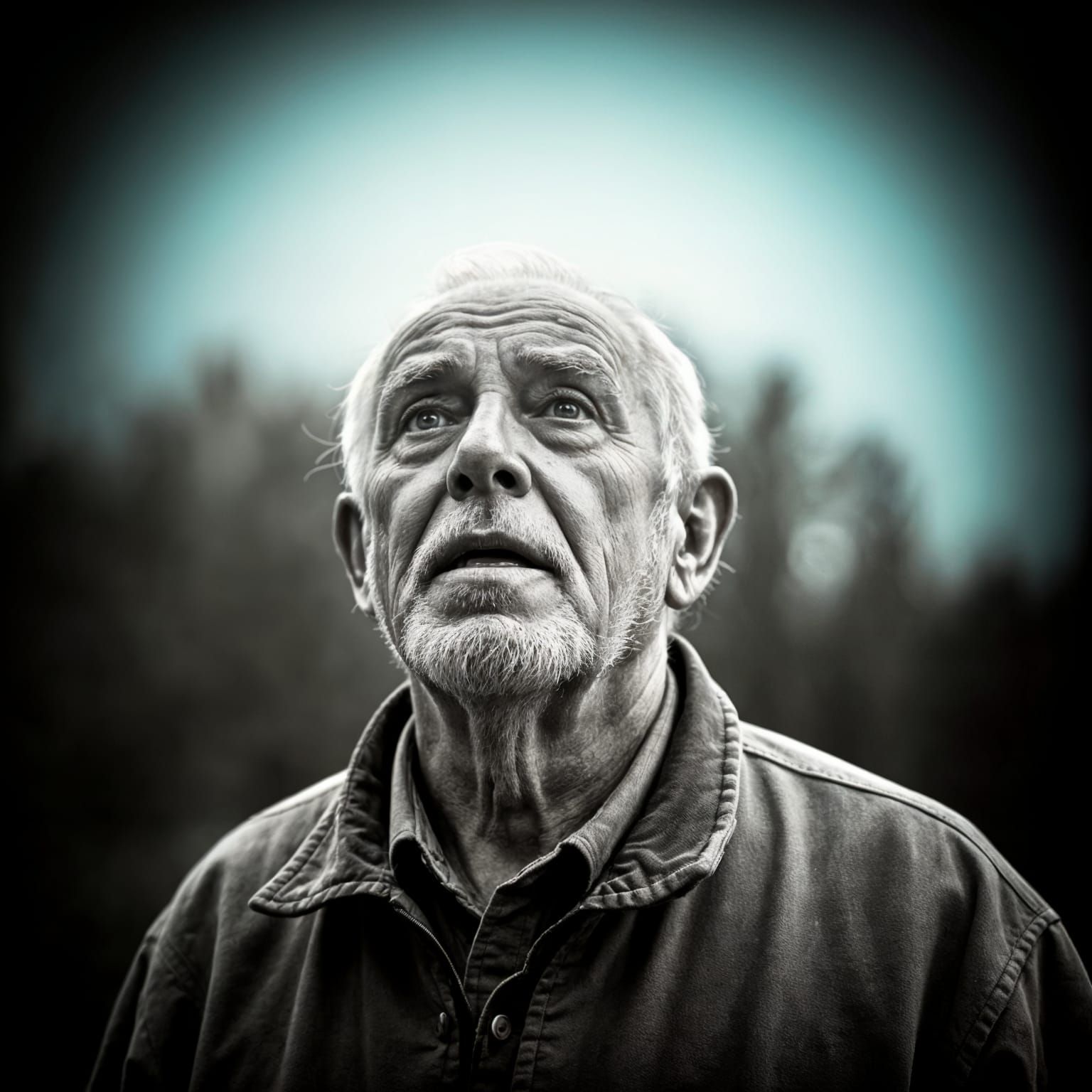 Vintage Close-Up of Old Man in Teal Haze