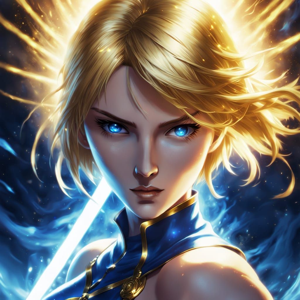 Heroic Saber's Golden Excalibur in a Surreal Anime Style