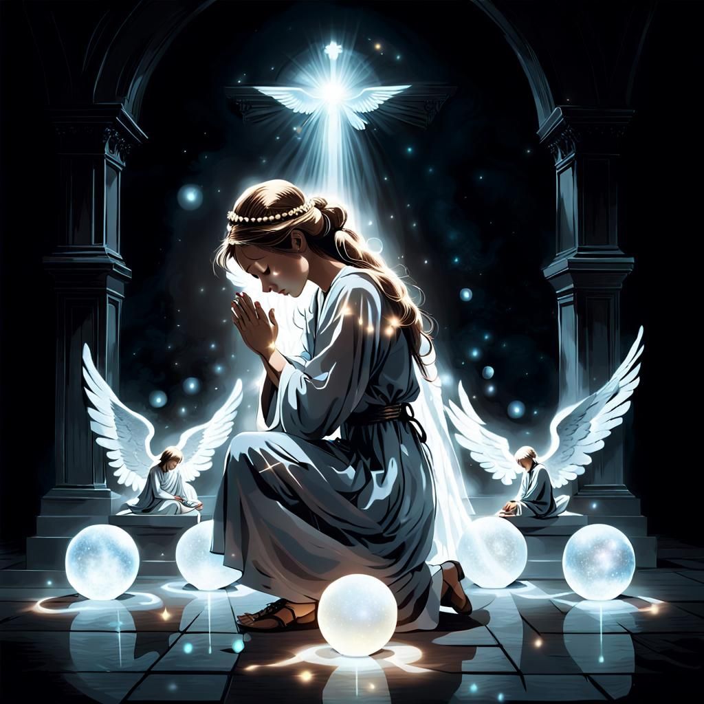 Grieving Woman Surrounded by Ethereal Angels