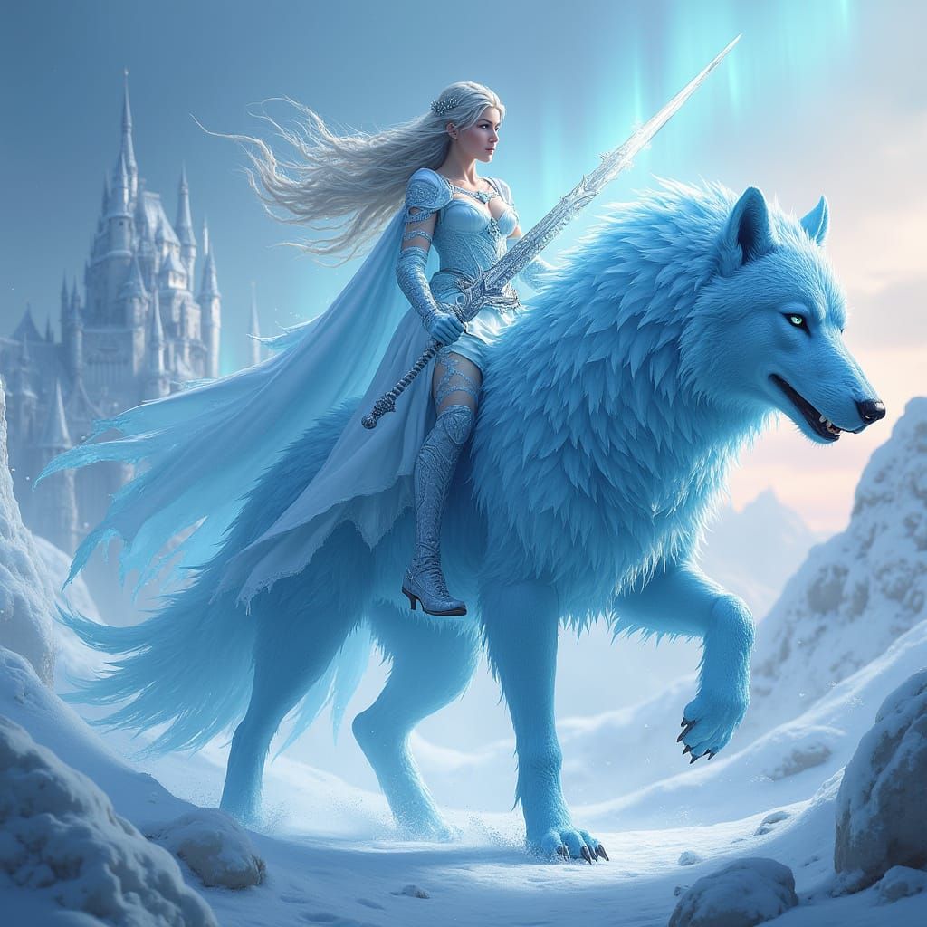 Ethereal Snow Sorceress Rides Majestic Crystal Wolf