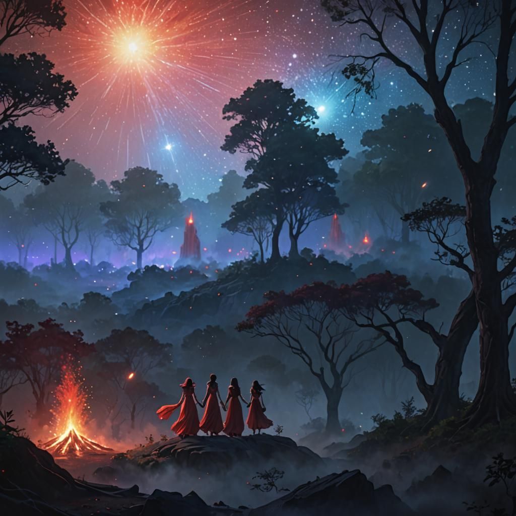 Mystical Island Bonfire Under Red Comet in 3D Anime Style
