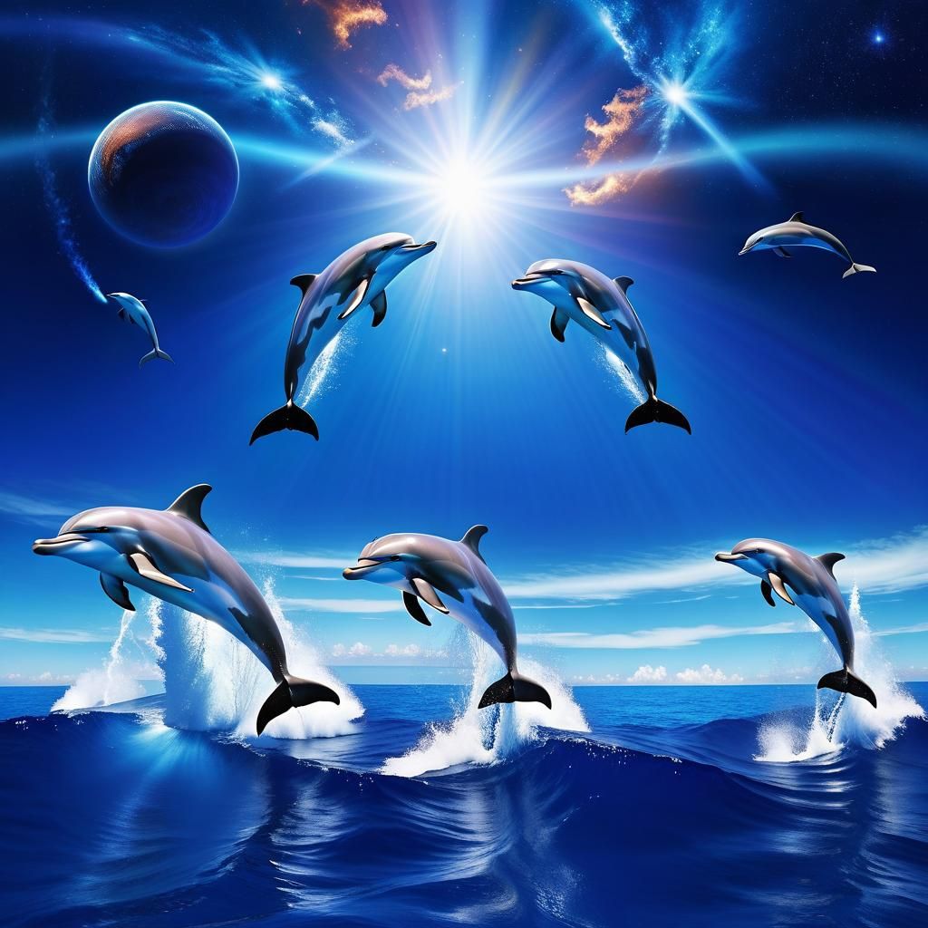 Blue Dolphins Leap from Ocean into Space
