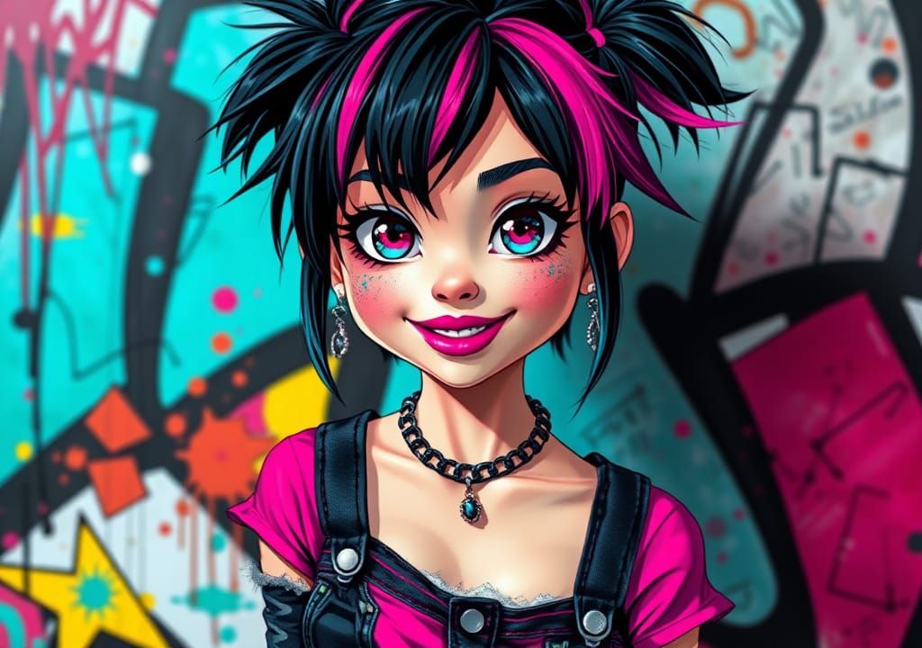Punk Girl with Magenta Lips and Graffiti Art