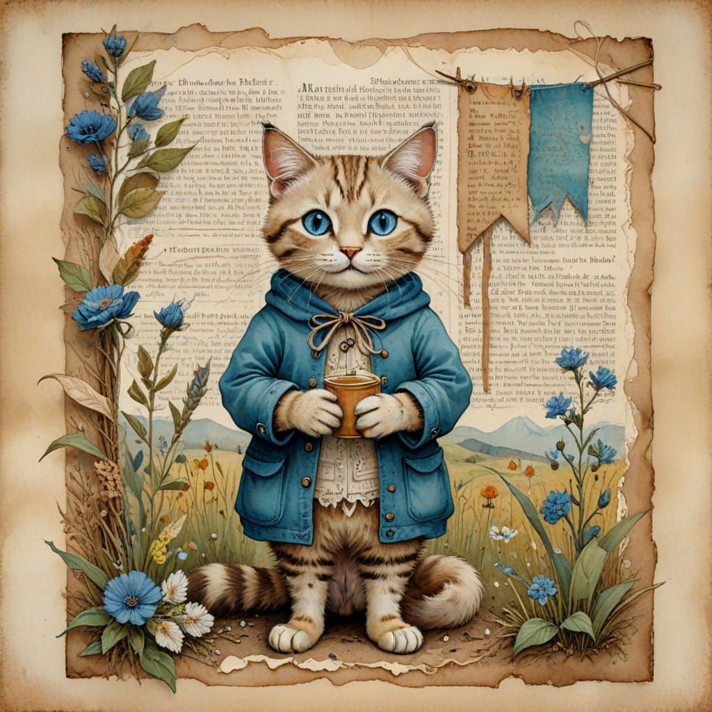 Whimsical Watercolor Cat Embarks on Vintage Adventure