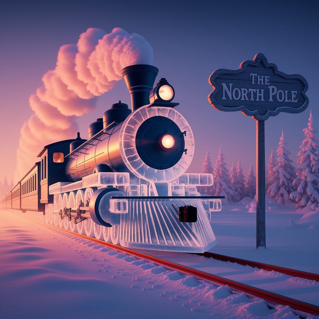 An entire train made of ice, leisurely chugging down a track...