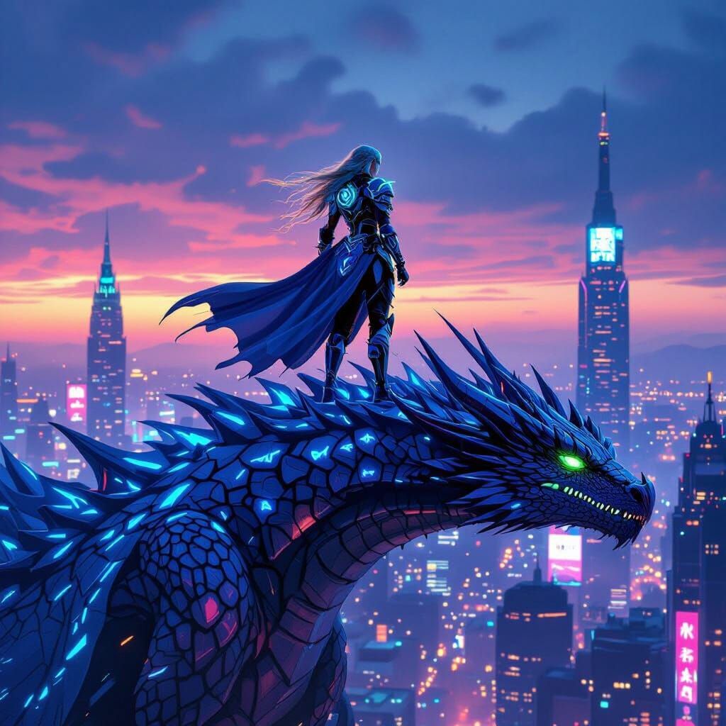 Valkyrie Rides Bioluminescent Dragon in Cyberpunk Cityscape