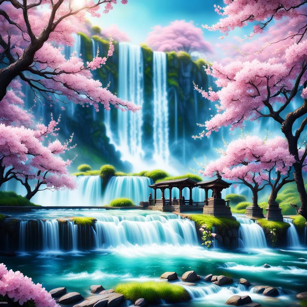 Waterfall and Cherry Blossoms in Digital Painting