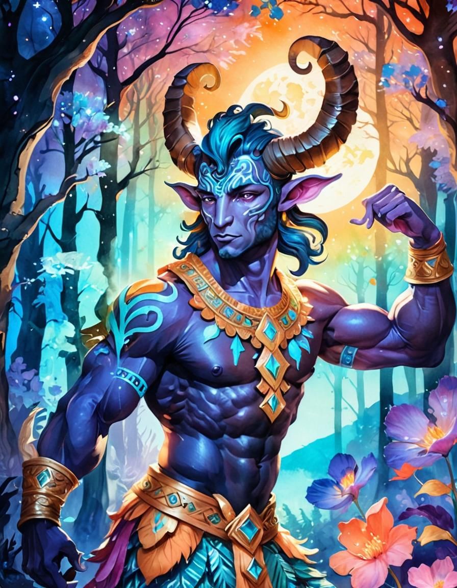 Divine Satyr in Bioluminescent Forest: Watercolor Art