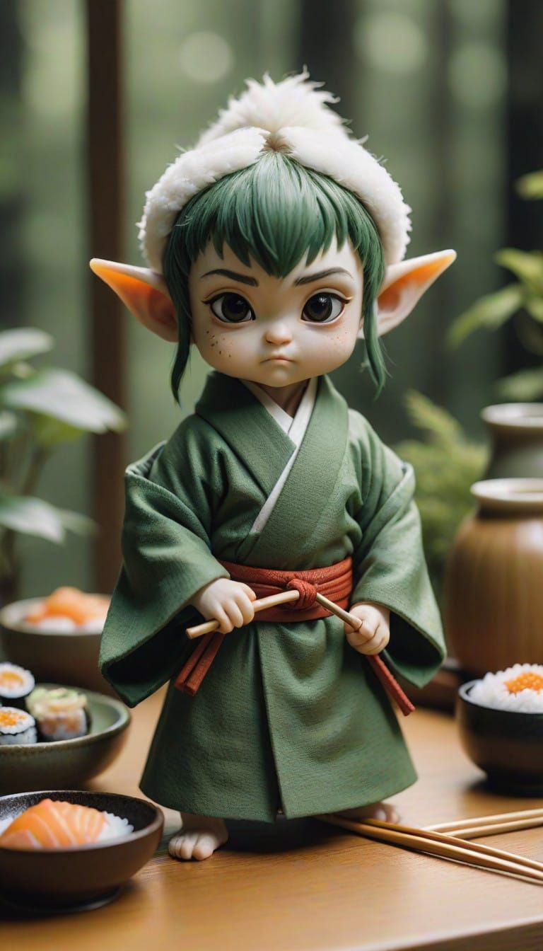 Miniature Samurai Elf Sushi Chef in Traditional Japanese Hom...