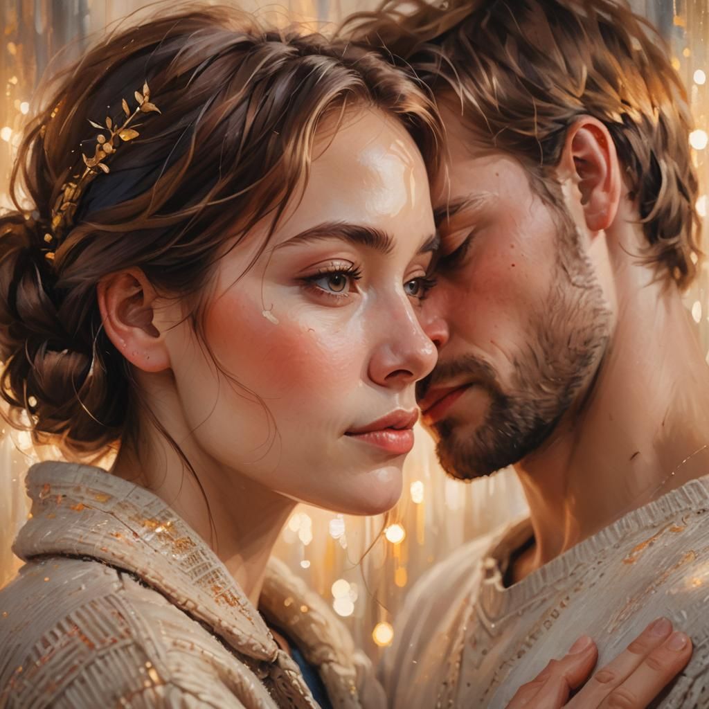 Romantic Couple Cuddling in Cozy Room: Oil Painting