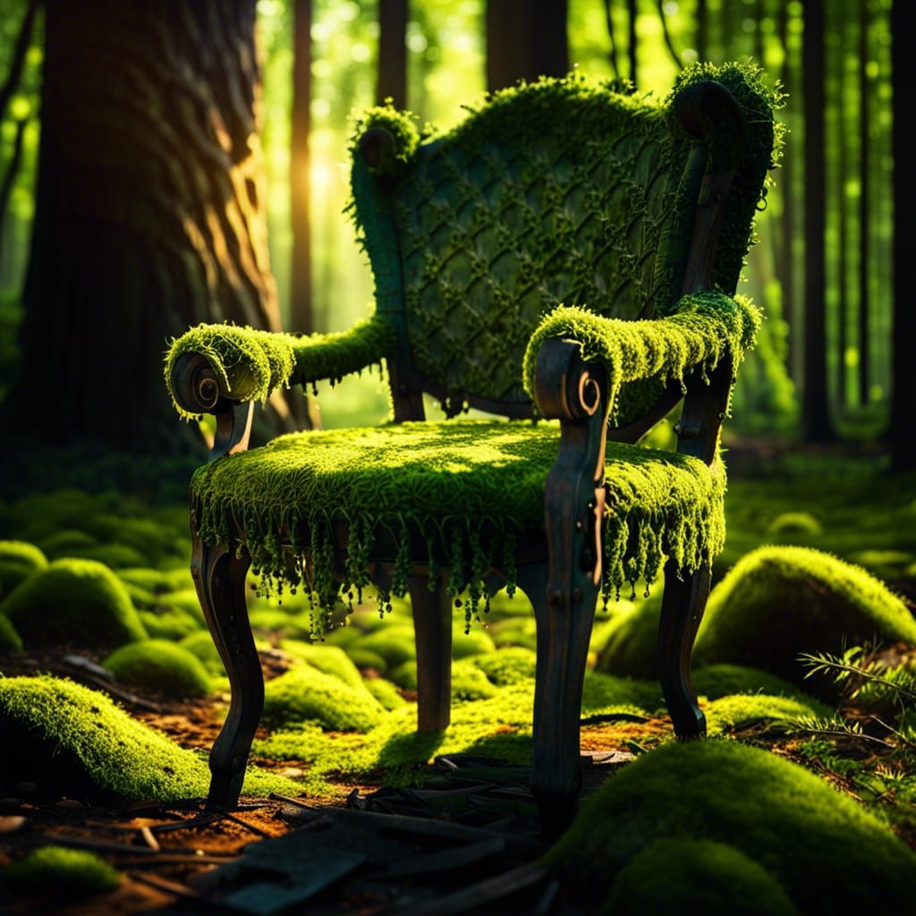 Mossy Chair in Forest Clearing: Hyperrealistic 8K