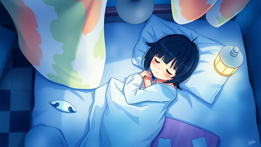 Whimsical Watercolor Night Scene with Sleeping Girl