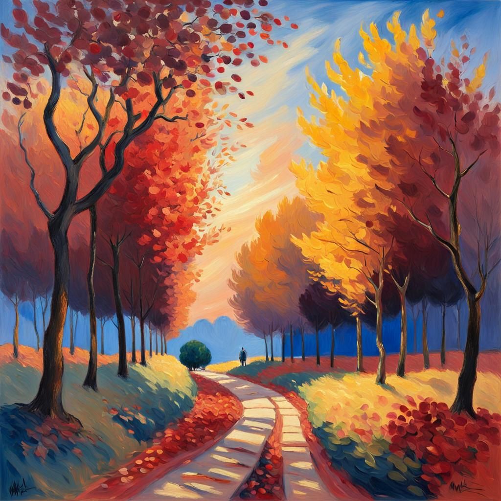 Autumn Path Impressionist Landscape in Golden Light
