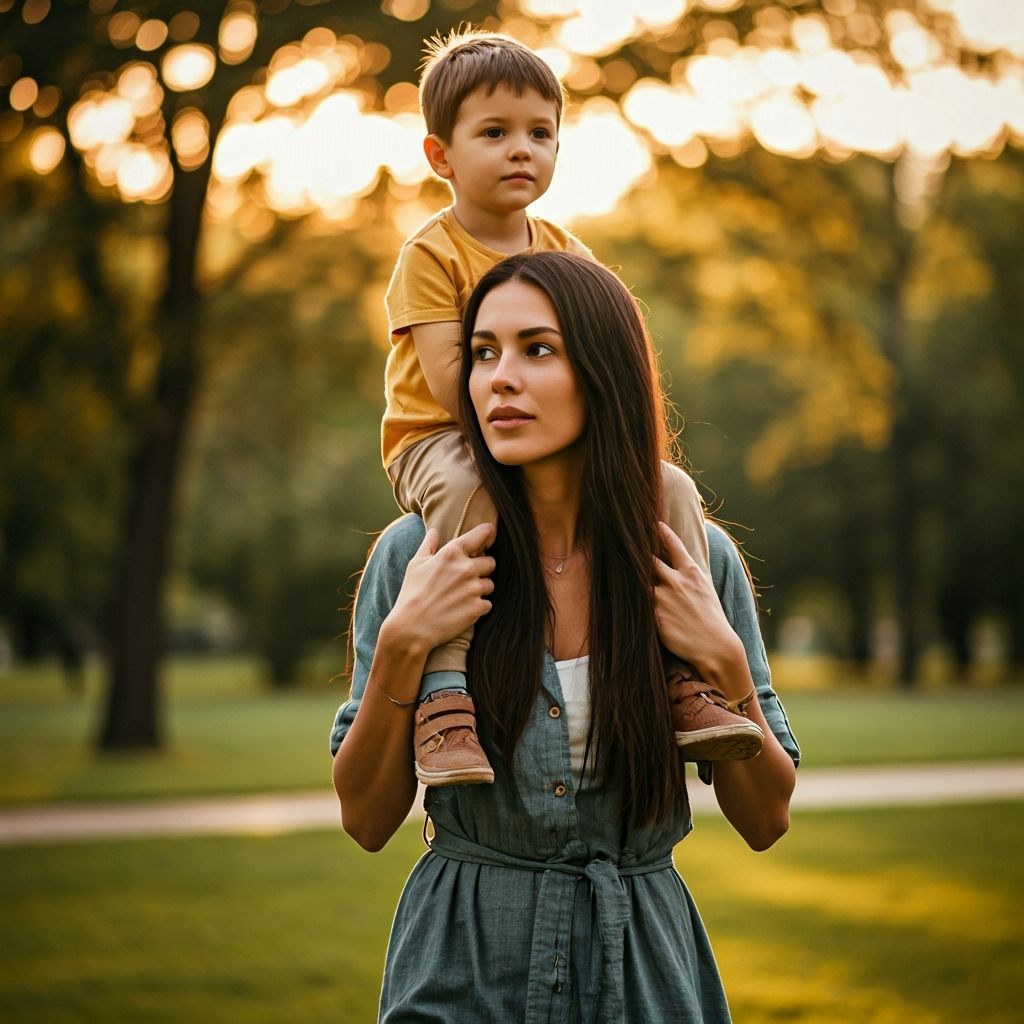Woman Carries Boy in Sun-Dappled Park at Golden Hour