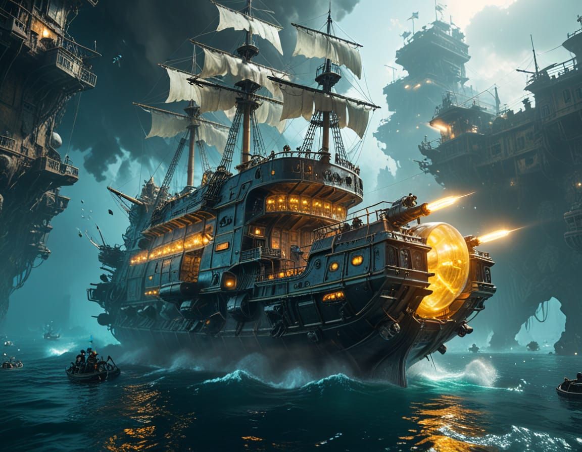 Futuristic Pirate Ship Battles Epic Vessel in Surreal Underw...