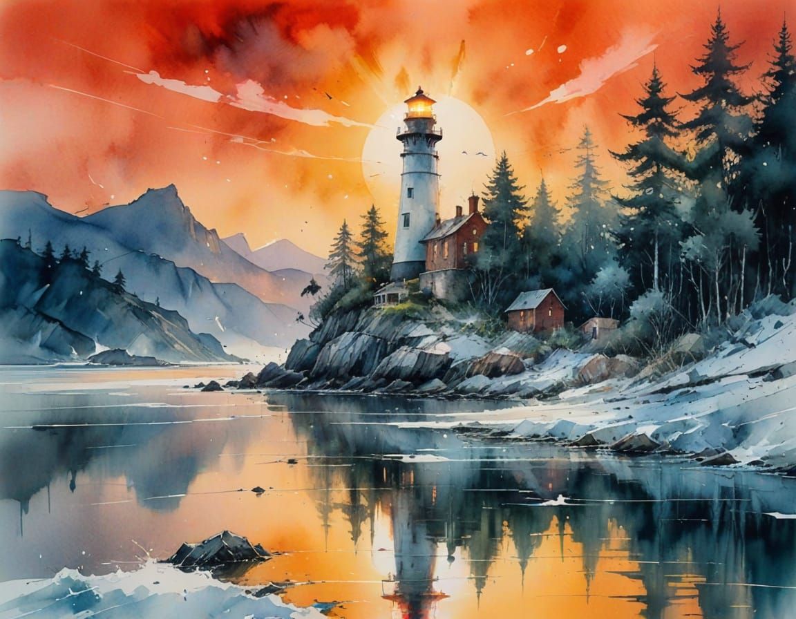 Watercolor Lighthouse in Wet-on-Wet Style