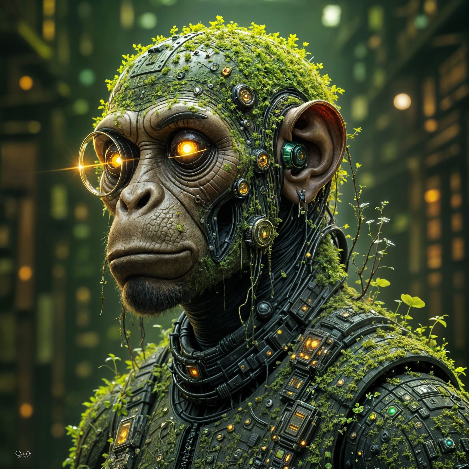 Solar Punk Ape with Chrome Vines and Crystal Eye