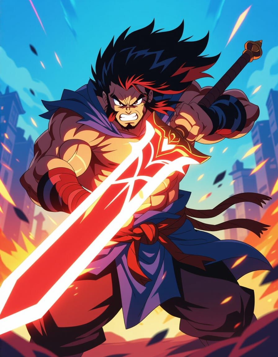 Shōnen Anime Warrior Wields Glowing Sword in Dynamic Battle