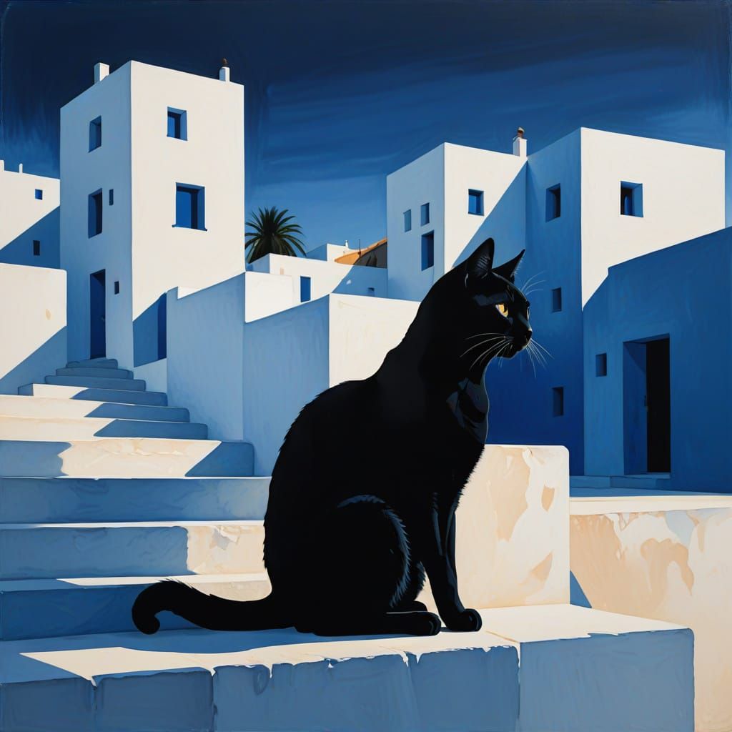 Cat on the  White Stone Steps of a Mediterranean Village