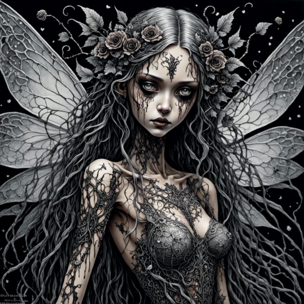 Beautiful Death Fairy with Silver Eyes in Ink Style