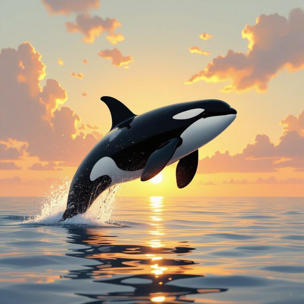 Orca Breaching at Sunrise in Stylized Realism