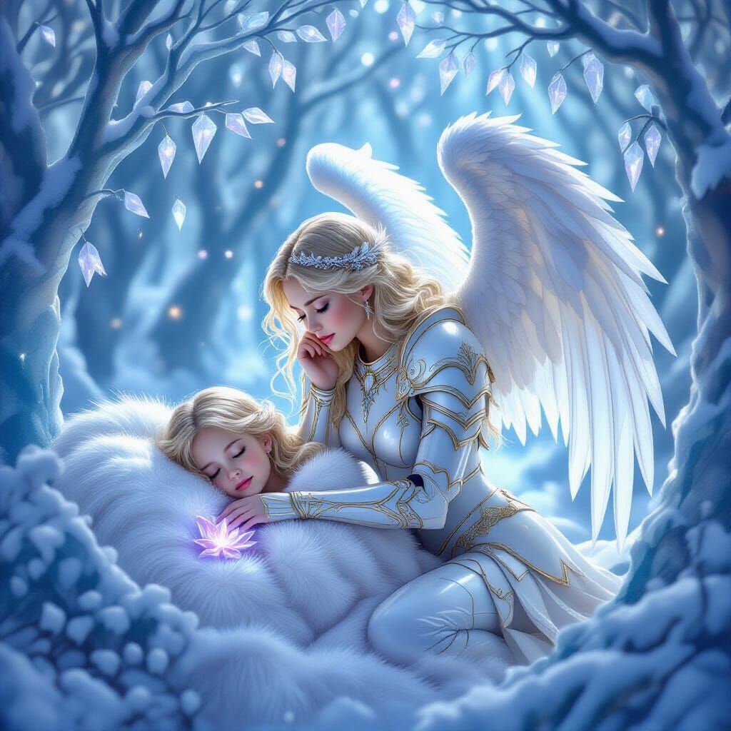 Guardian Angel Protects Sleeping Girl in Crystal Forest