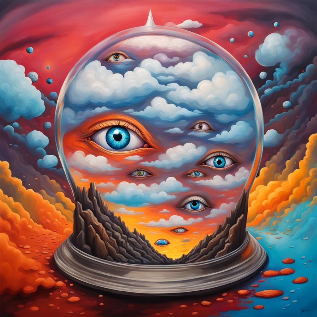 Eyeballs Float Above Volcano in Hourglass: Graffiti Art