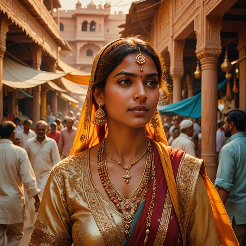 Woman in Rajasthan Market: Digital Art in Ravi Varma Style