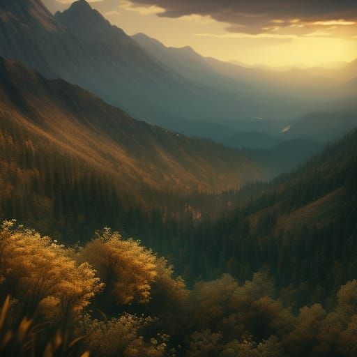 Epic Mountain Valley at Golden Hour, Cinematic Film Still