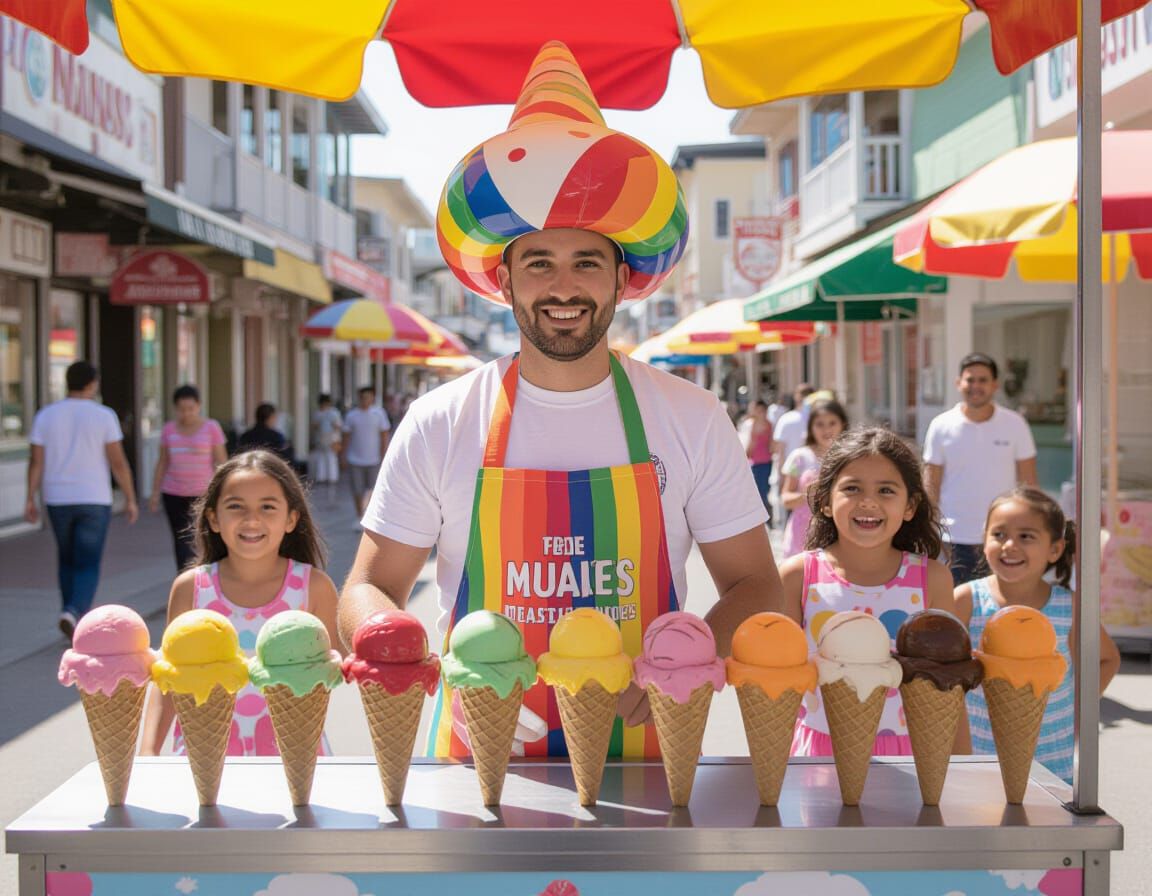 Joyful Ice Cream Vendor in Vibrant Street Art Style