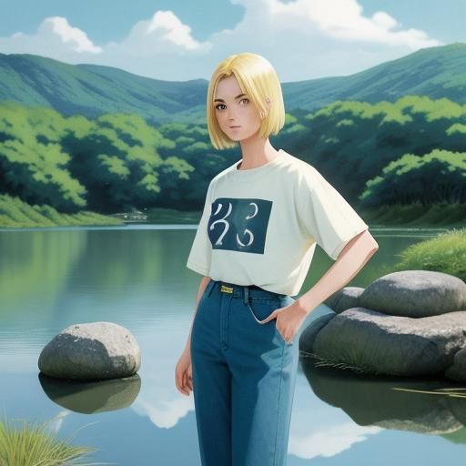 Beautiful blonde anime woman standing in front of a lake.