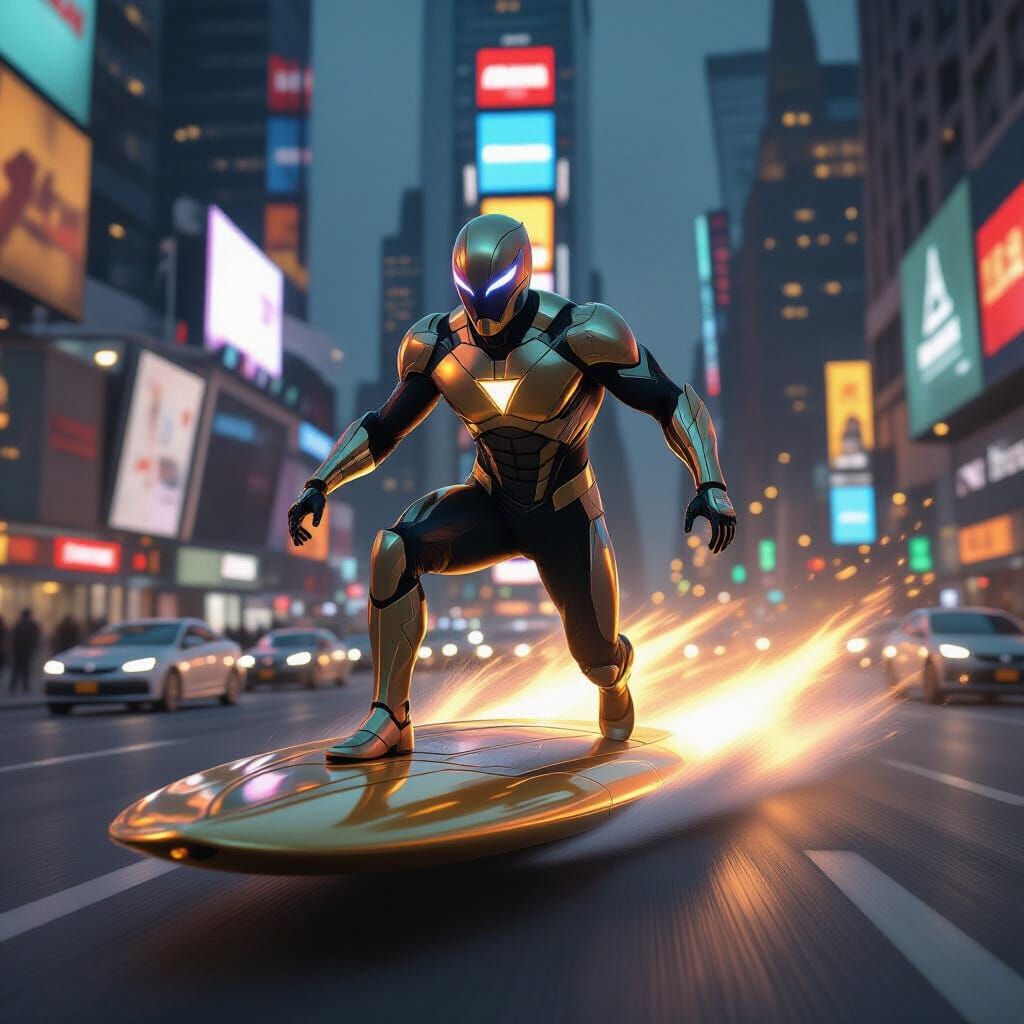 Superhero on Golden Surfboard in Futuristic Cityscape