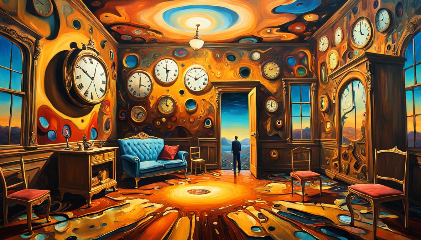 Surreal Room with Melting Clocks in Oil Paint