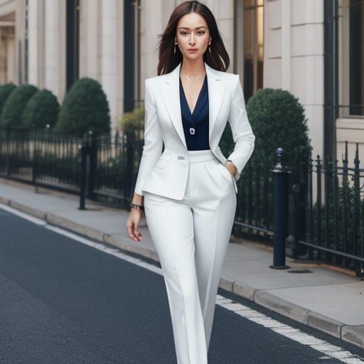 A woman in a classic elegant tailored light navy suit with a...