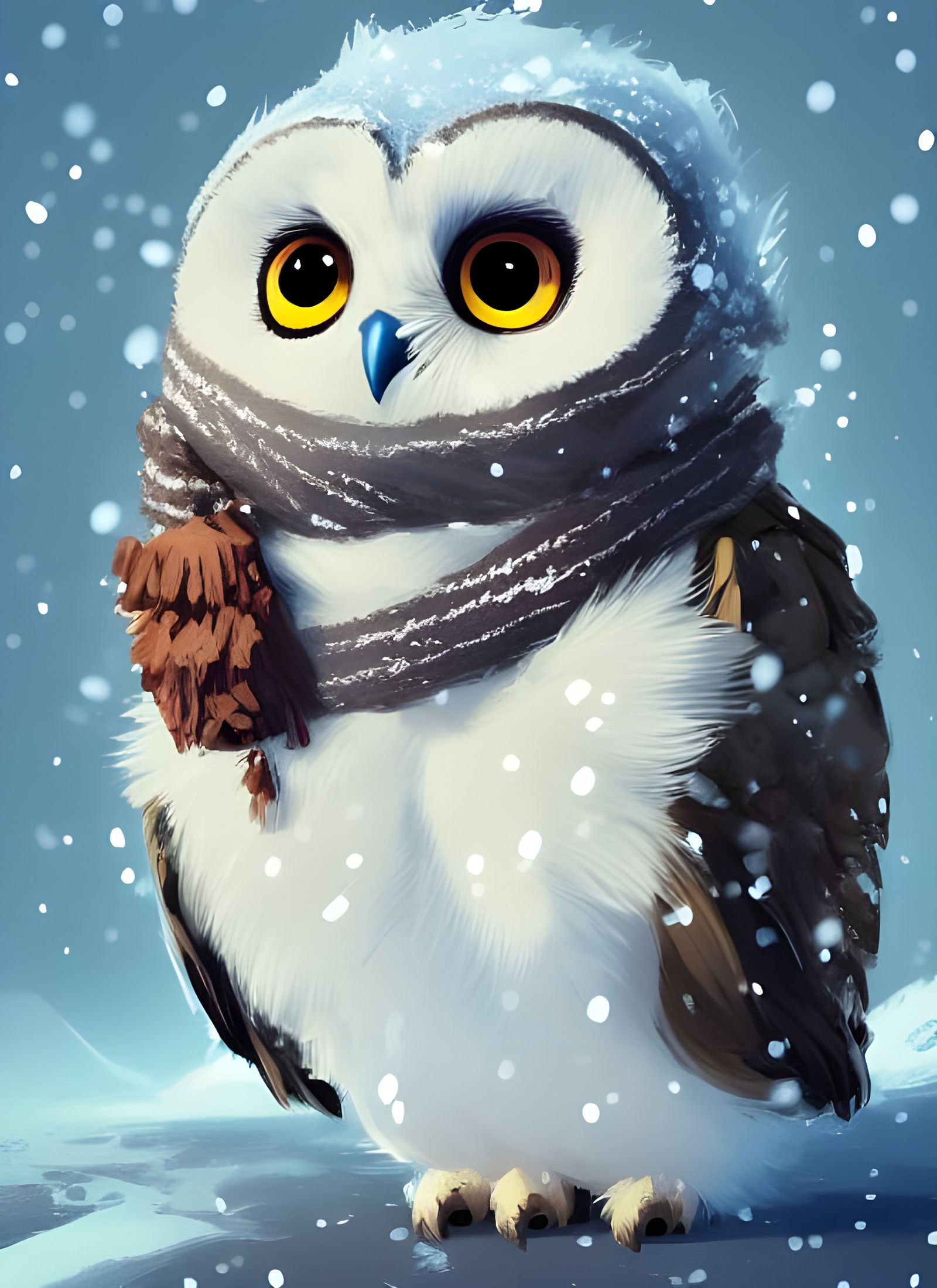 Charming Chibi Owl Portrait in Winter Snow