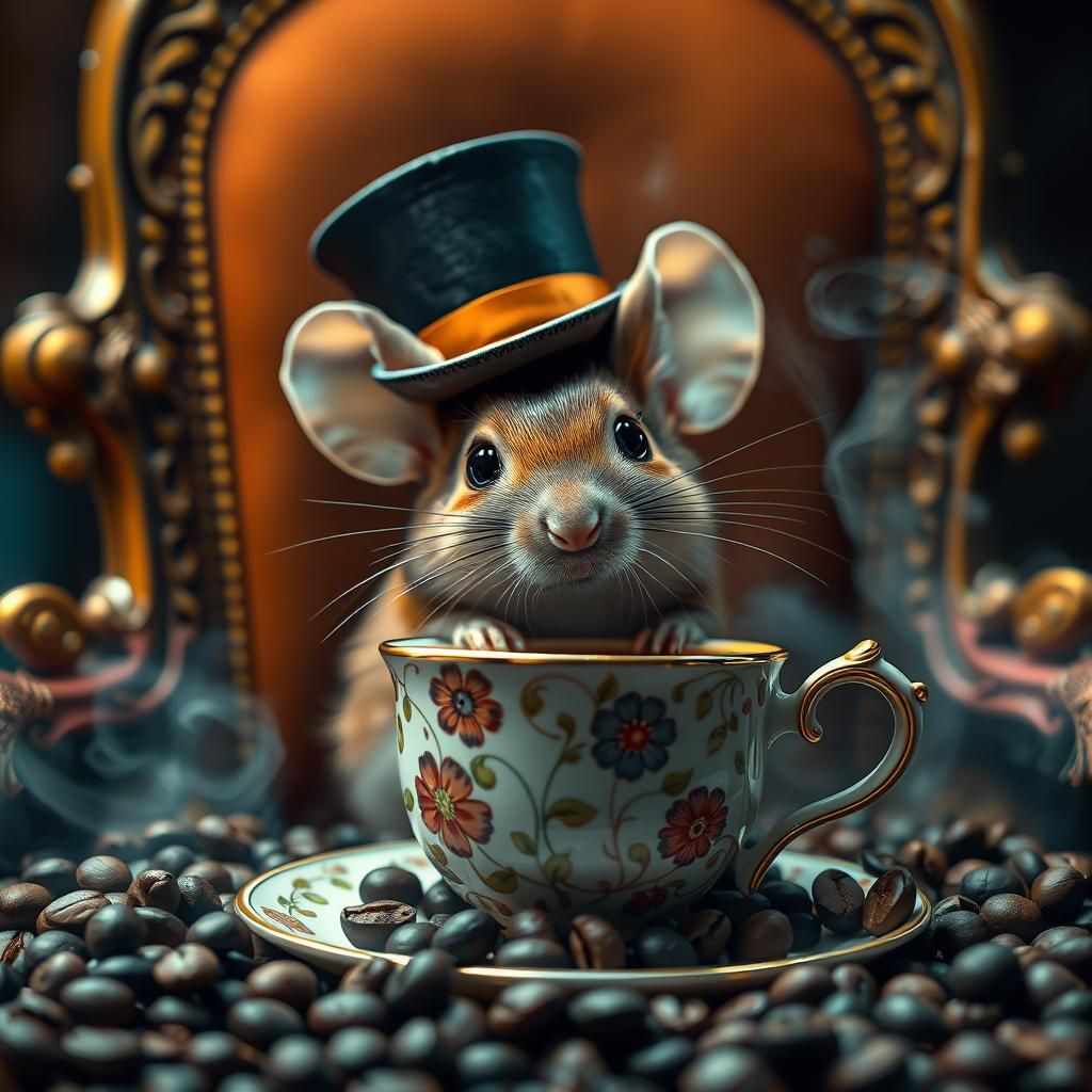 Mouse in Top Hat with Coffee, Art Nouveau Style