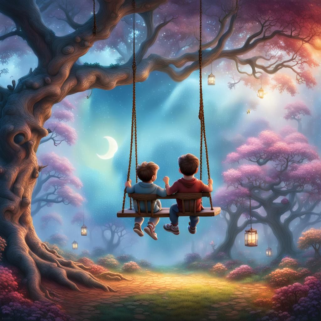 Toddlers in Ethereal Tree Swing: 3D Digital Art