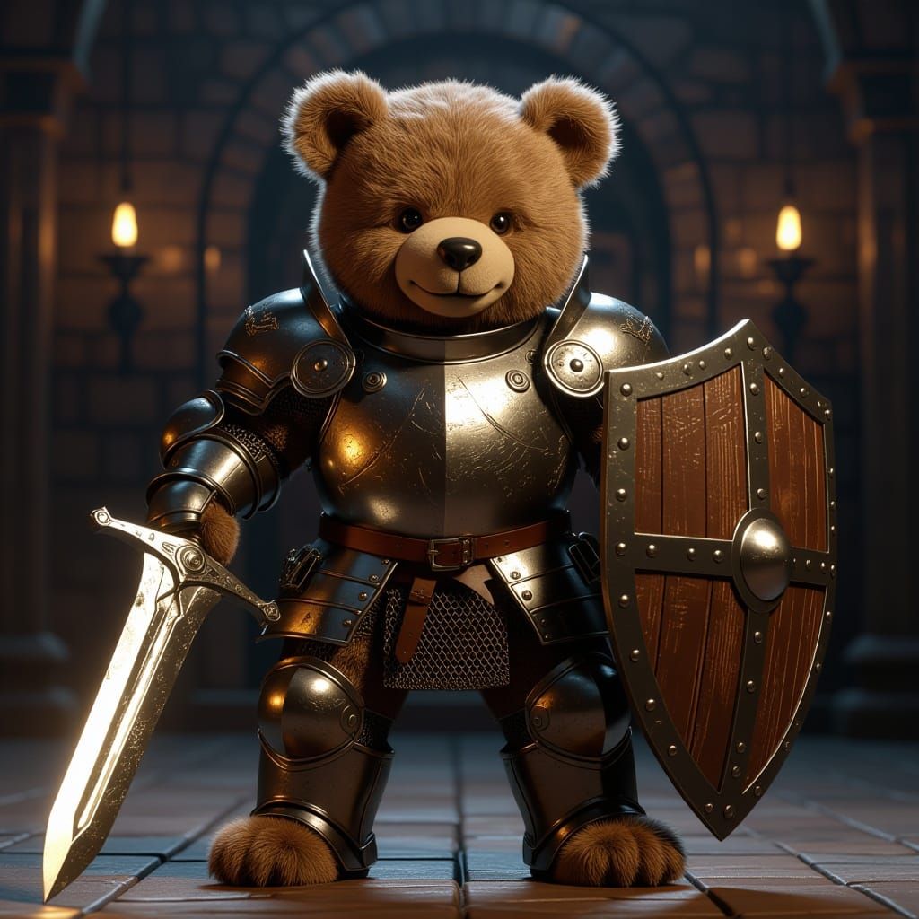 Teddy Bear Knight in Shining Armor with Sword and Shield