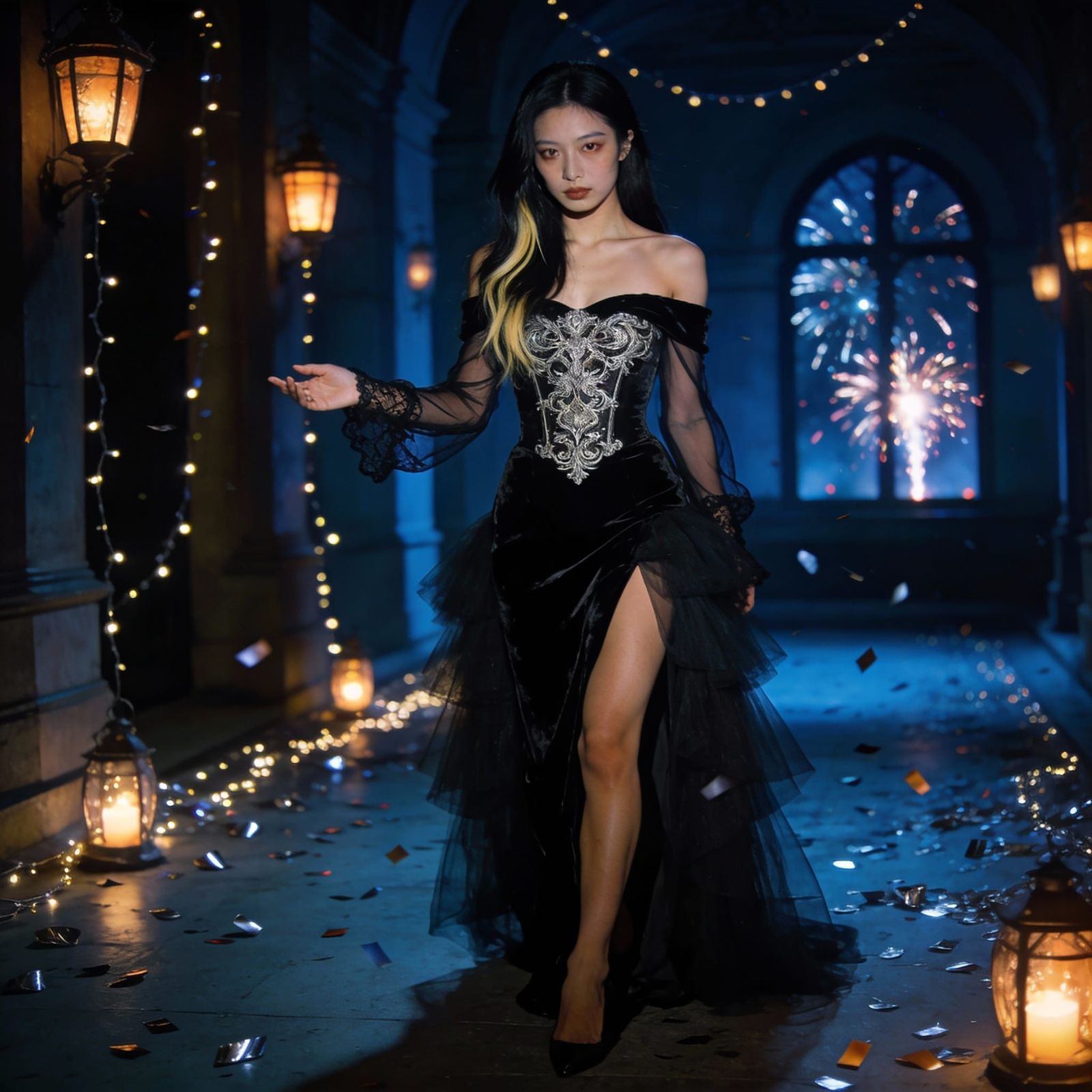 Mysterious Woman in Velvet Gown at Midnight Celebration