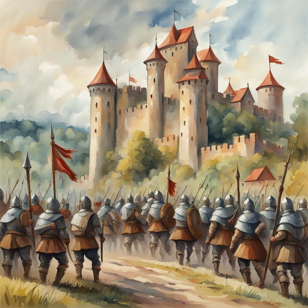 Medieval Peasant Army Approaching Castle: Gouache Style