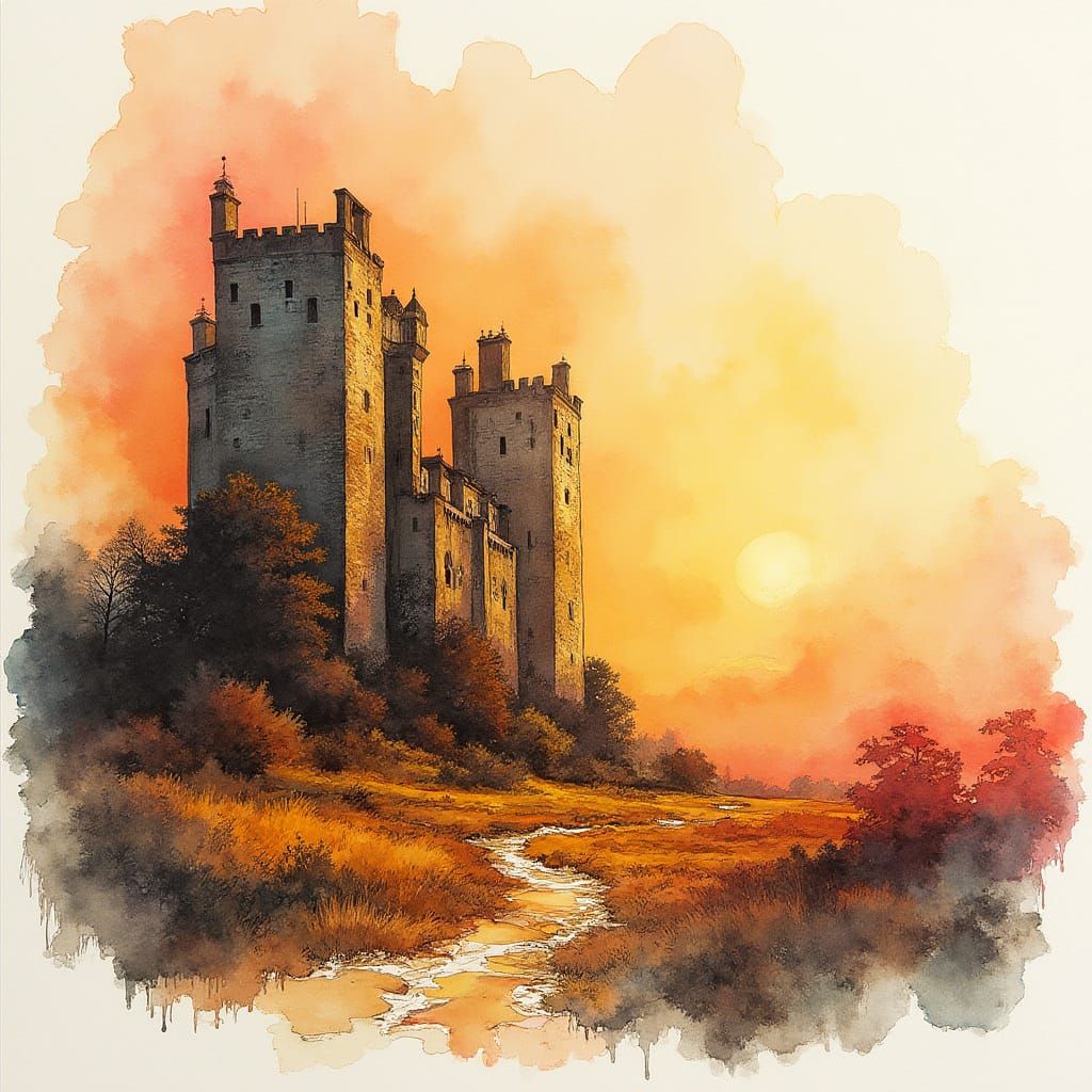 Horsley Towers: Ink and Watercolor Sunset