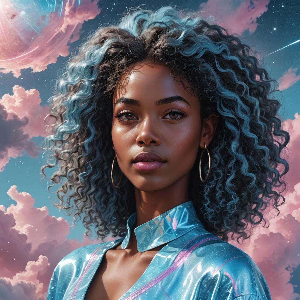 Cosmic Illustration of a Beautiful Woman in Sky Blue