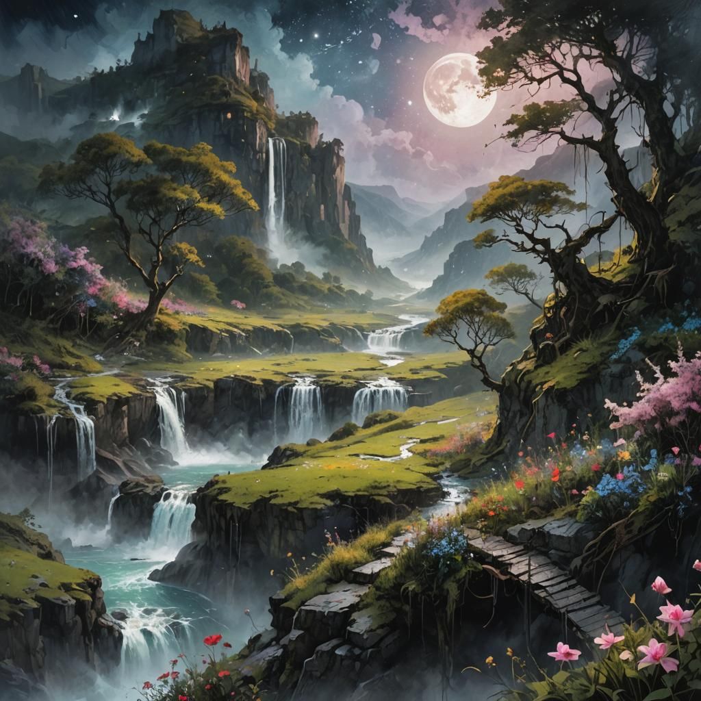 Vibrant Moonrise Over Summer Landscape in Watercolor Style